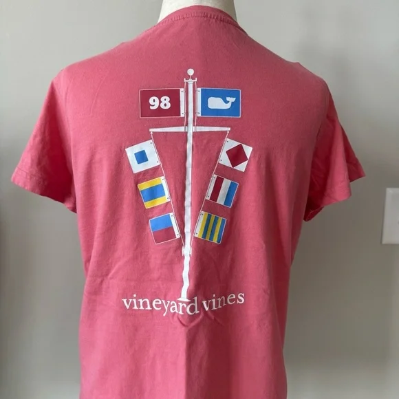 Vineyard Vines “Flags” Graphic Front Pocket Fitted Tee Shirt - Salmon Pink - Picture 5 of 7